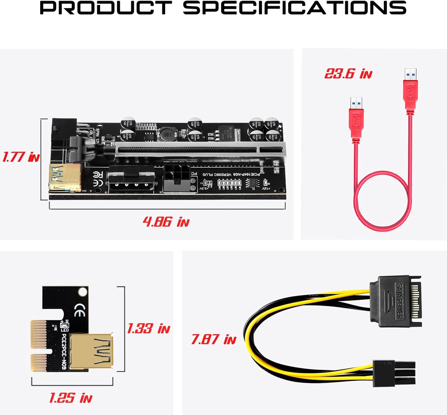 6 Pack PCI-E GPU Riser with 8 Solid Capacitors and LED Light, 1X to 16X, 60cm USB 3.0 Cable Z328