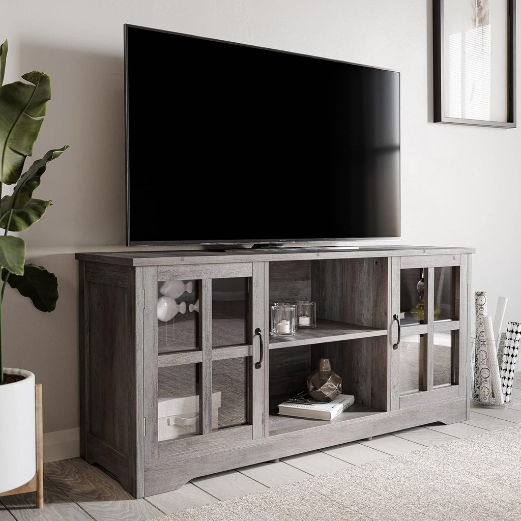 Gray Wash TV Stand with Wood Glass Storage Cabinets G4573