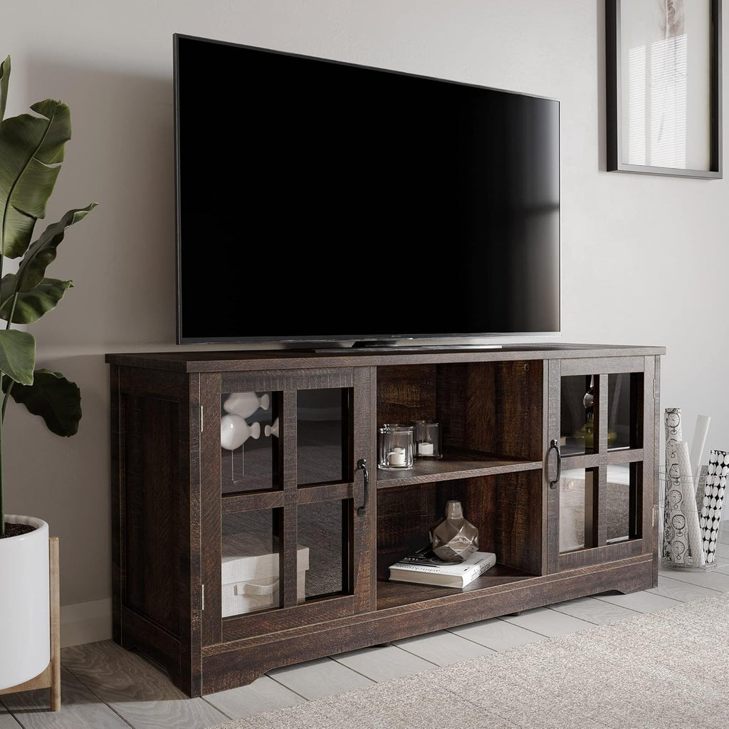 Gray Wash TV Stand with Wood Glass Storage Cabinets G4573