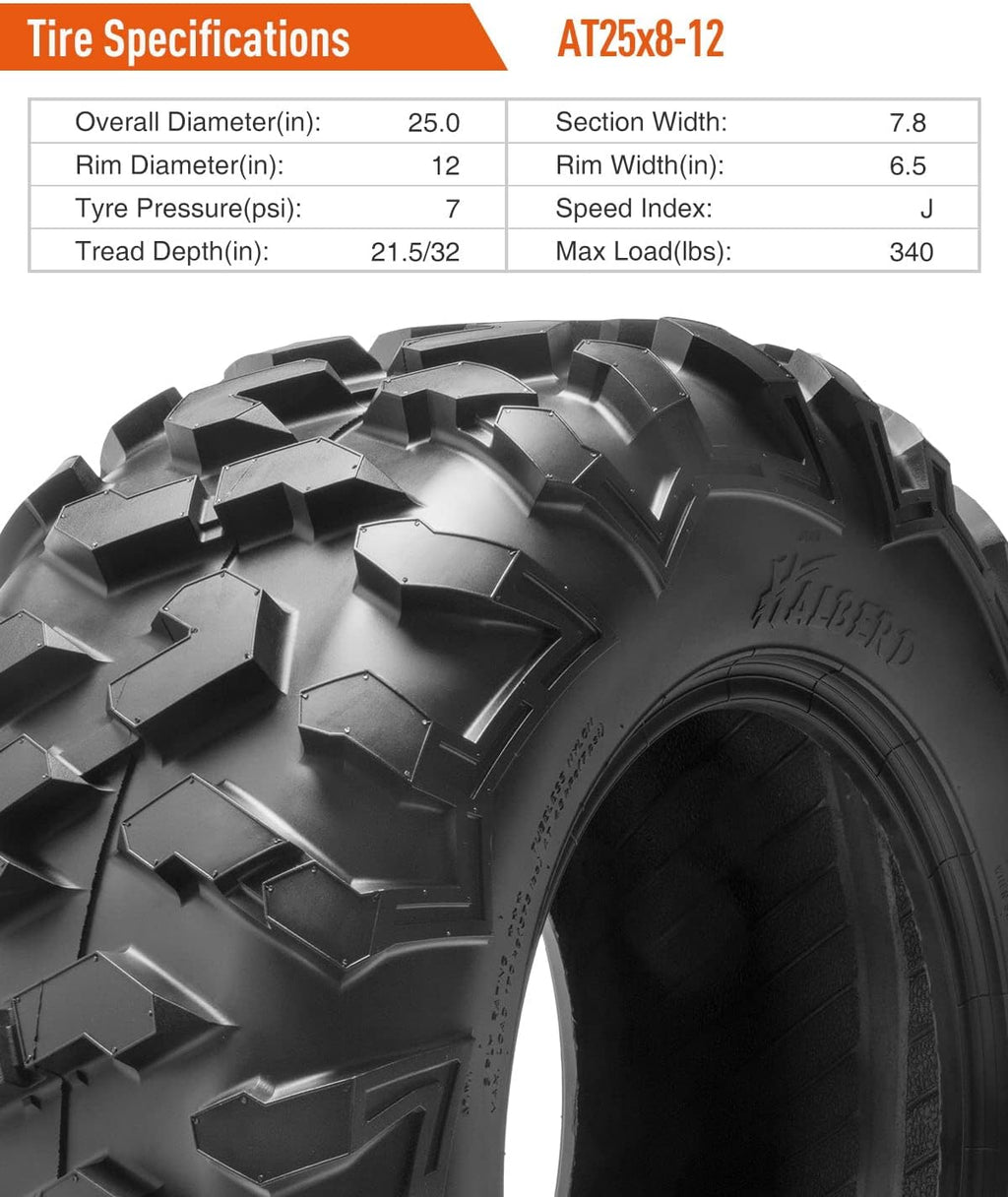 Set of 4 ATV UTV Tires 25x8-12 25x10-12 17MM Tread Depth P645