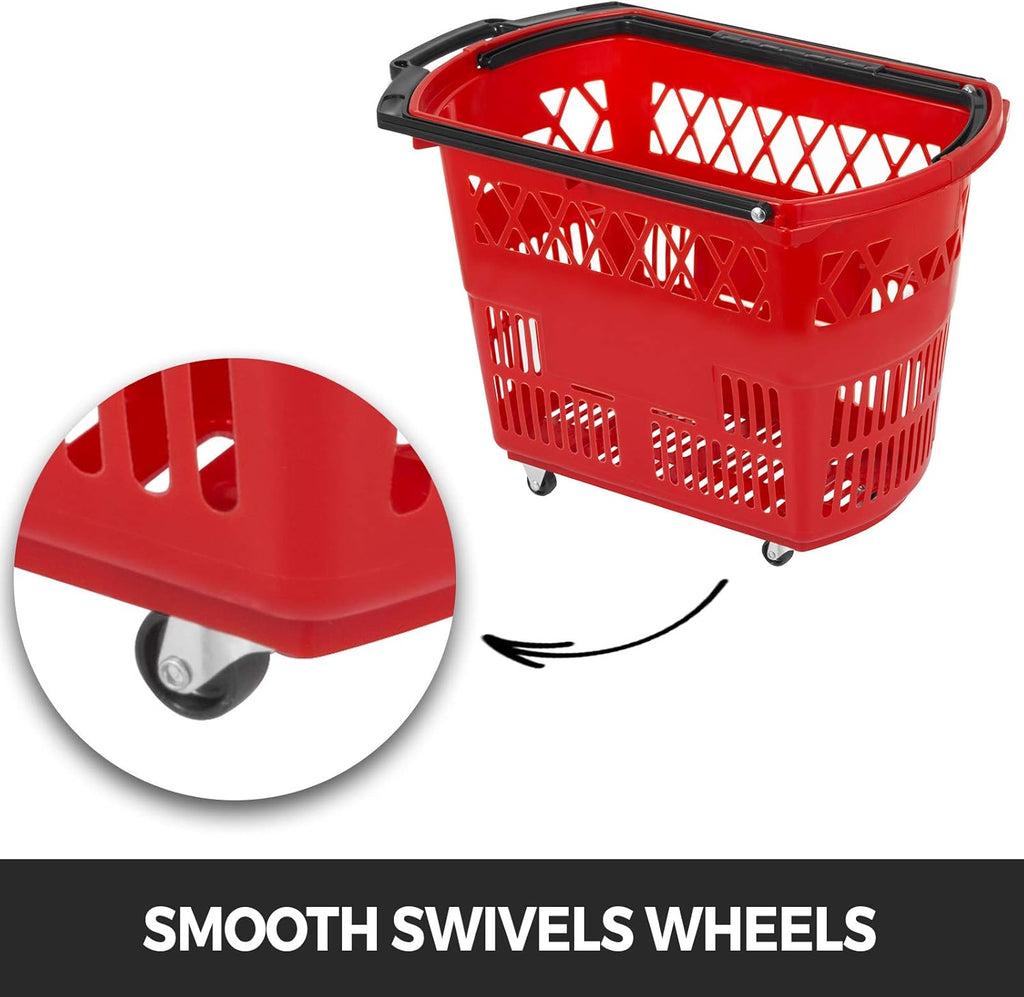 6PCS Red Plastic Rolling Shopping Basket Set with Handles V55990
