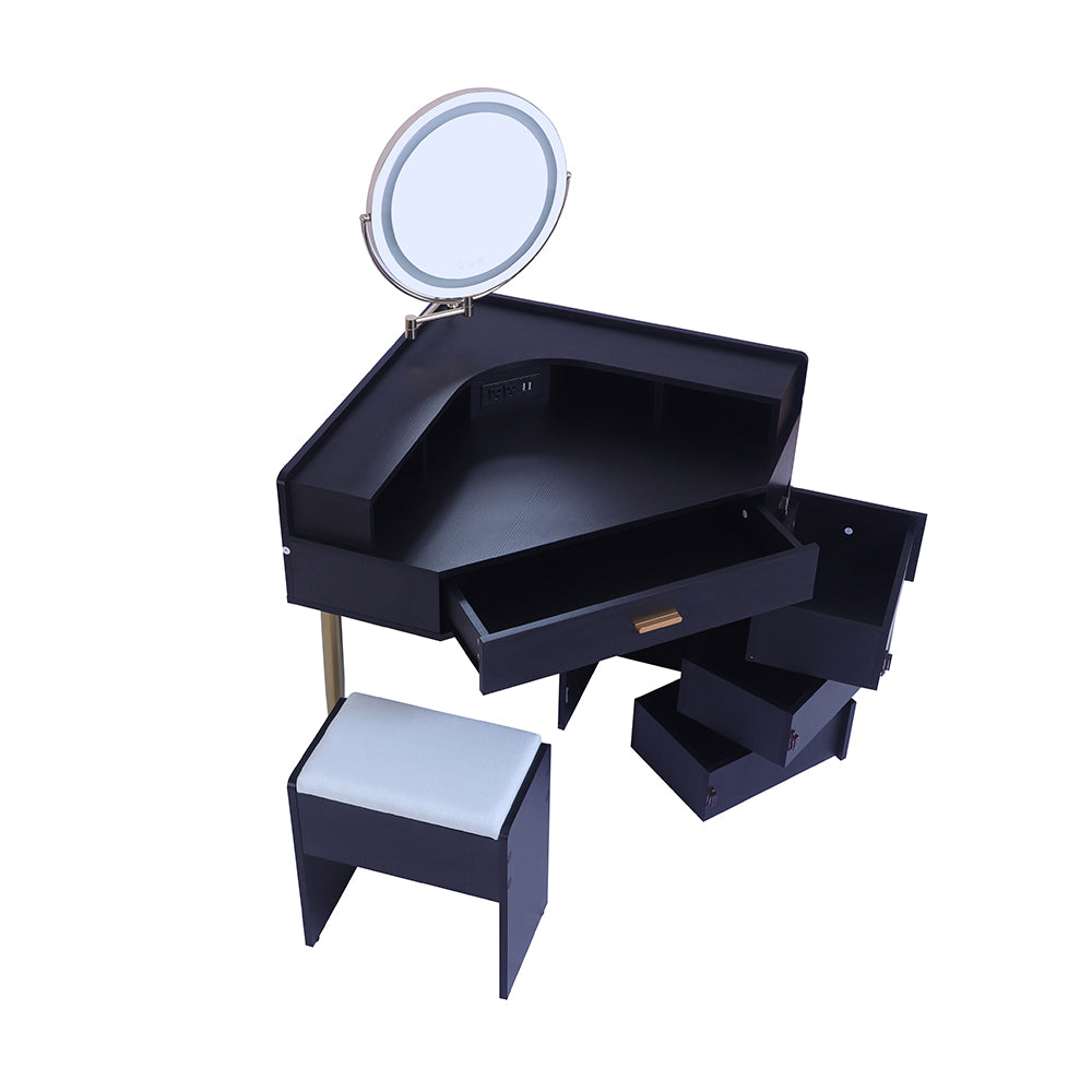 Corner Vanity Desk with Lights, Storage Shelf, 3 Drawers, Cushioned Stool Q751728
