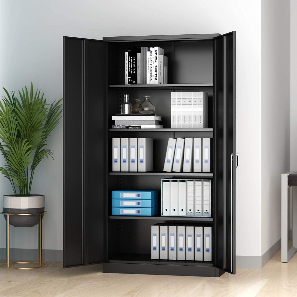 Black Locking Steel Storage Cabinet with 4 Adjustable Shelves K828