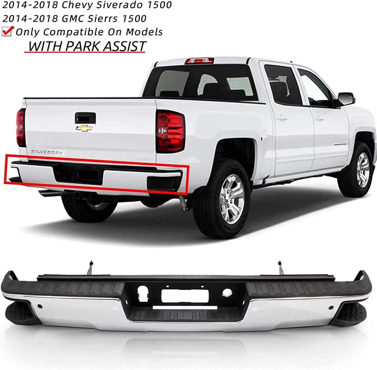 Chrome Rear Step Bumper Assembly for 2014-2018 Chevy Silverado 1500 GMC Sierra 1500 I137