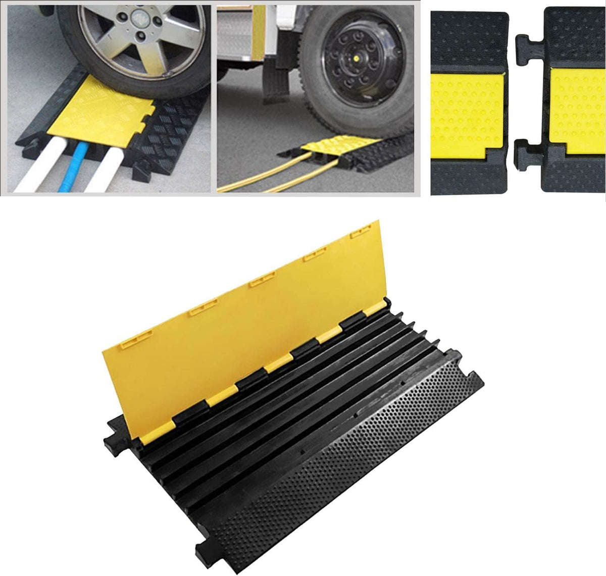 36x20x2” 5 Channel Rubber Cable Protector with Yellow Flip-Open Top Cover Q36915