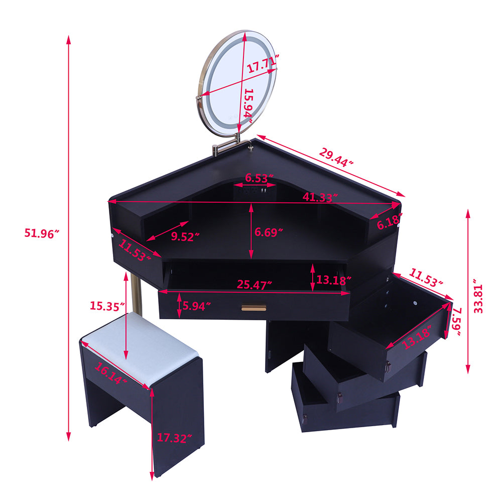 Corner Vanity Desk with Lights, Storage Shelf, 3 Drawers, Cushioned Stool Q751728