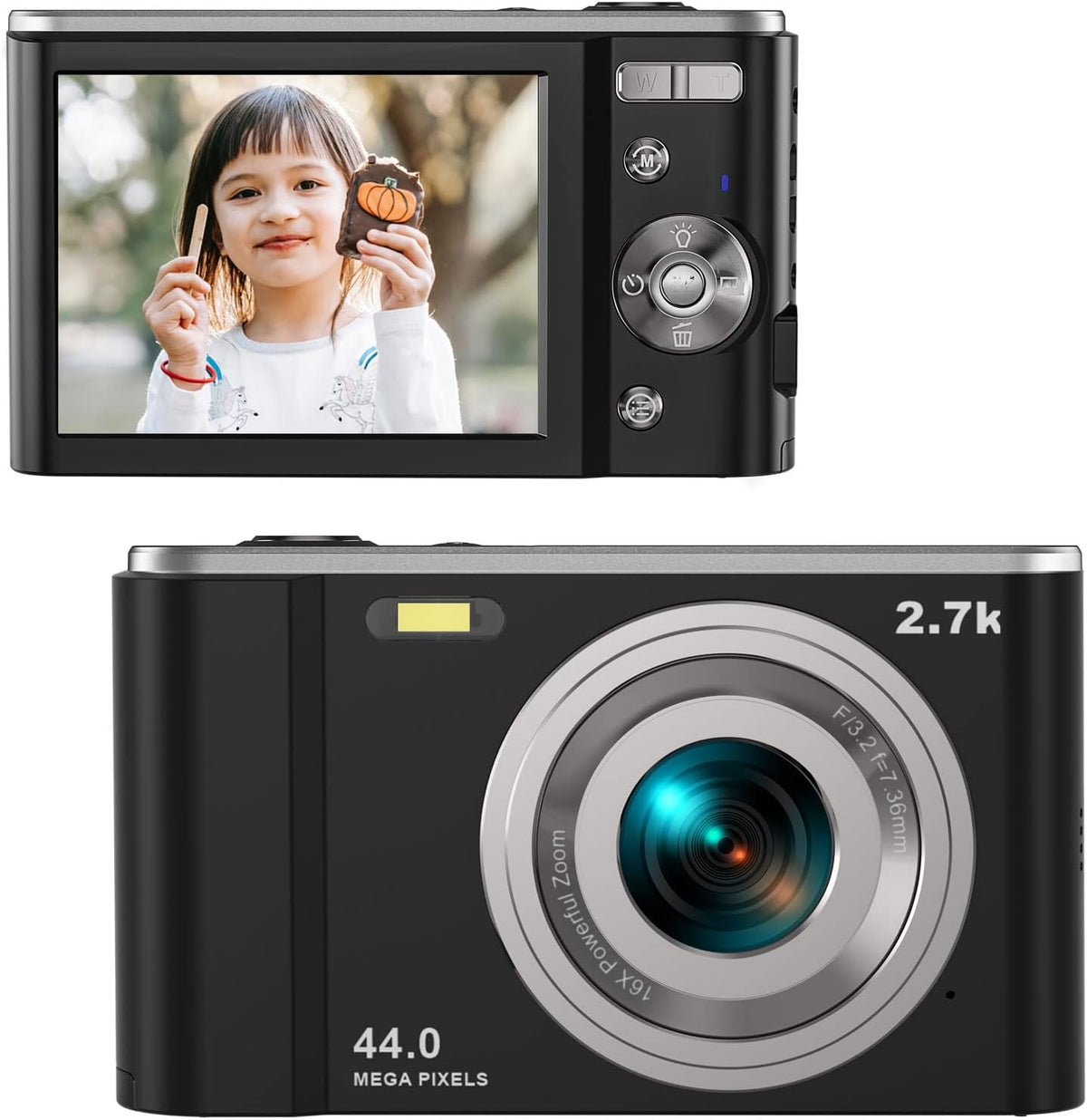 2.7K 44 Mega Pixels Portable Digital Camera with 16X Digital Zoom, 2 Batteries, Black, Pack of 2 A5240