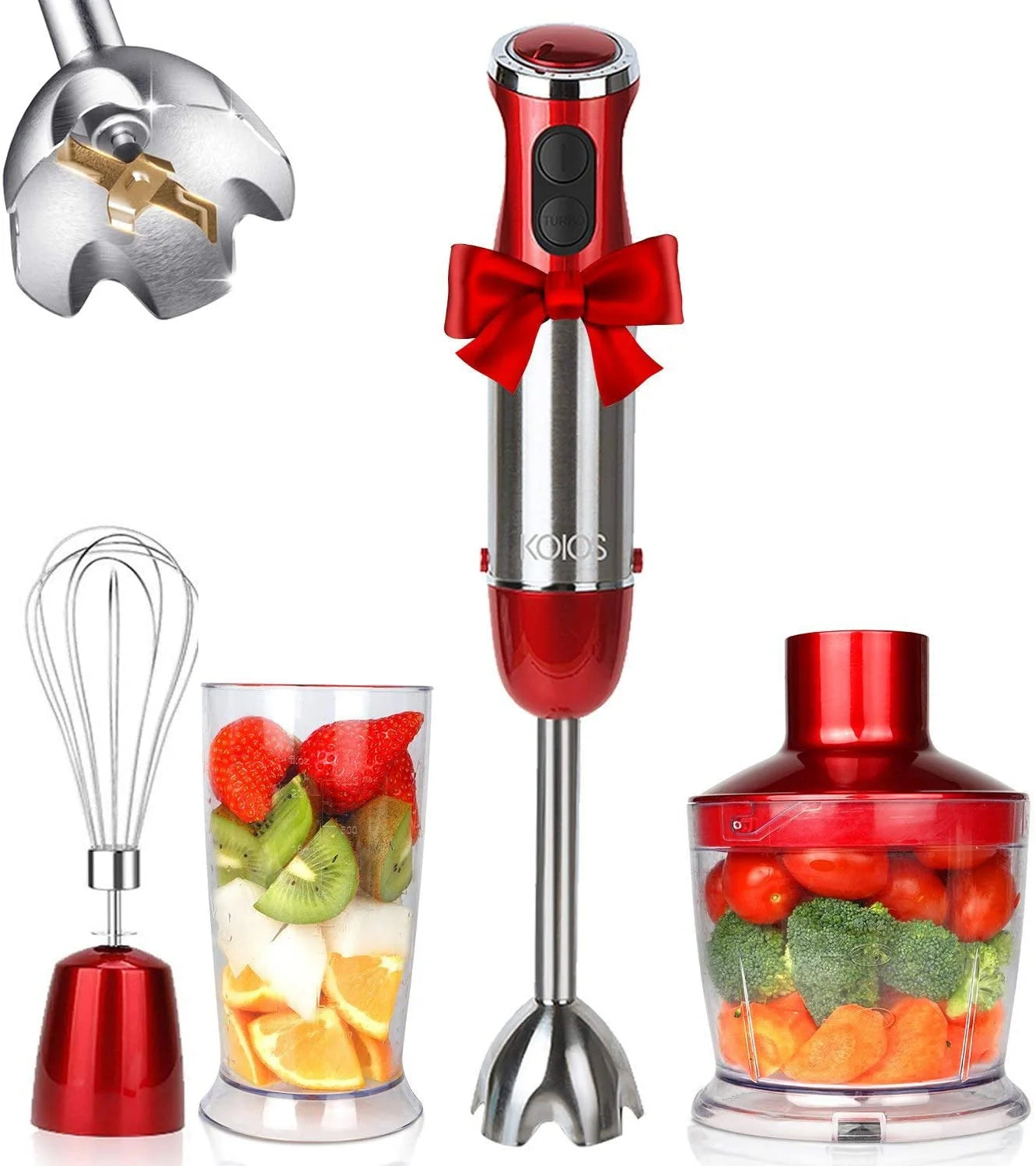 Red 800W 4-in-1 Stainless Steel Immersion Blender with 600ml Mixing Beaker C8832