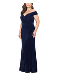 Navy Ruched Zippered Short Sleeve Off Shoulder Full-Length Formal Gown Dress Plus 18W E7683
