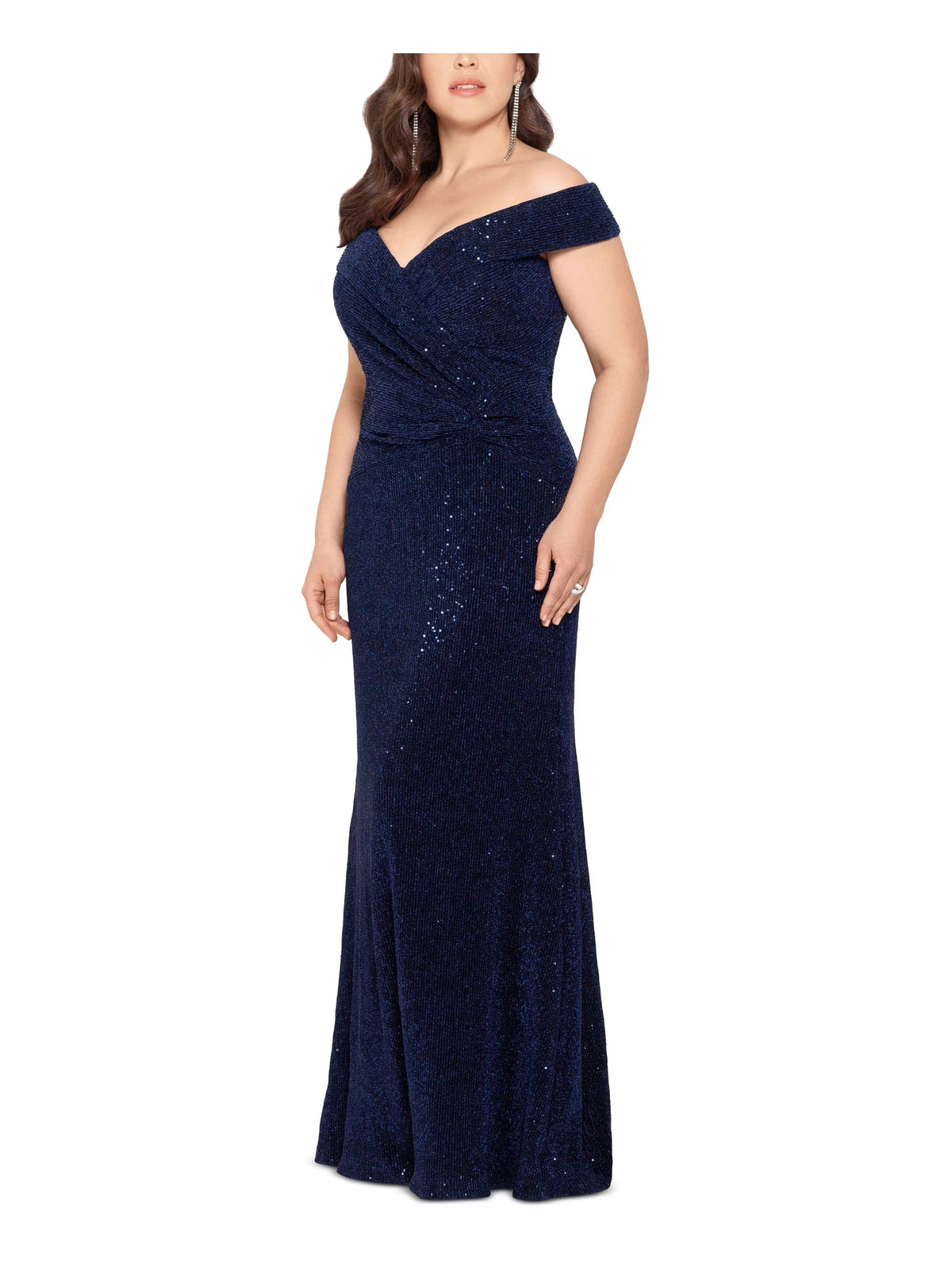Navy Ruched Zippered Short Sleeve Off Shoulder Full-Length Formal Gown Dress Plus 18W E7683