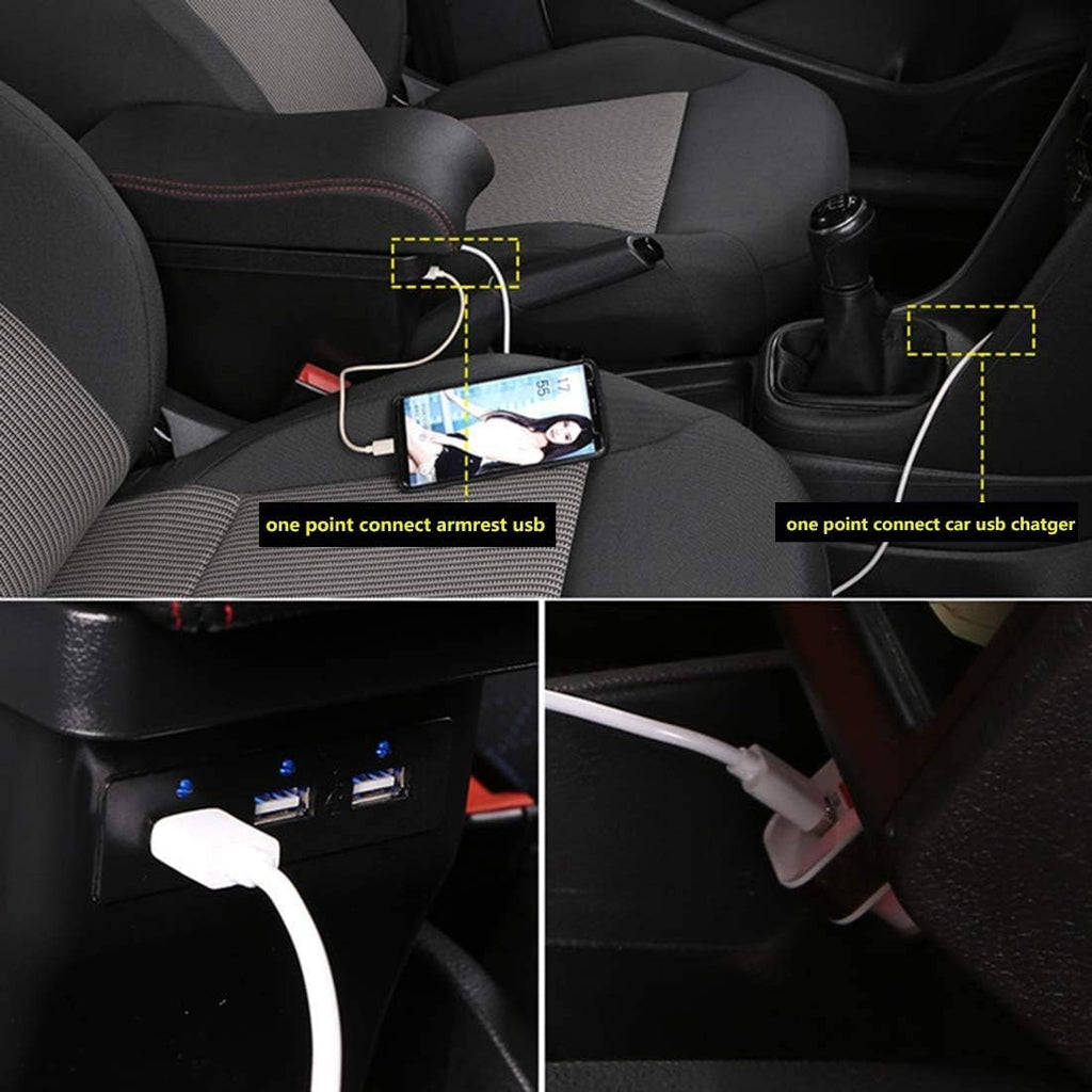 Black Leather Car Center Console Armrest Box with Charging 3 USB Ports, Pack of 2 J775485