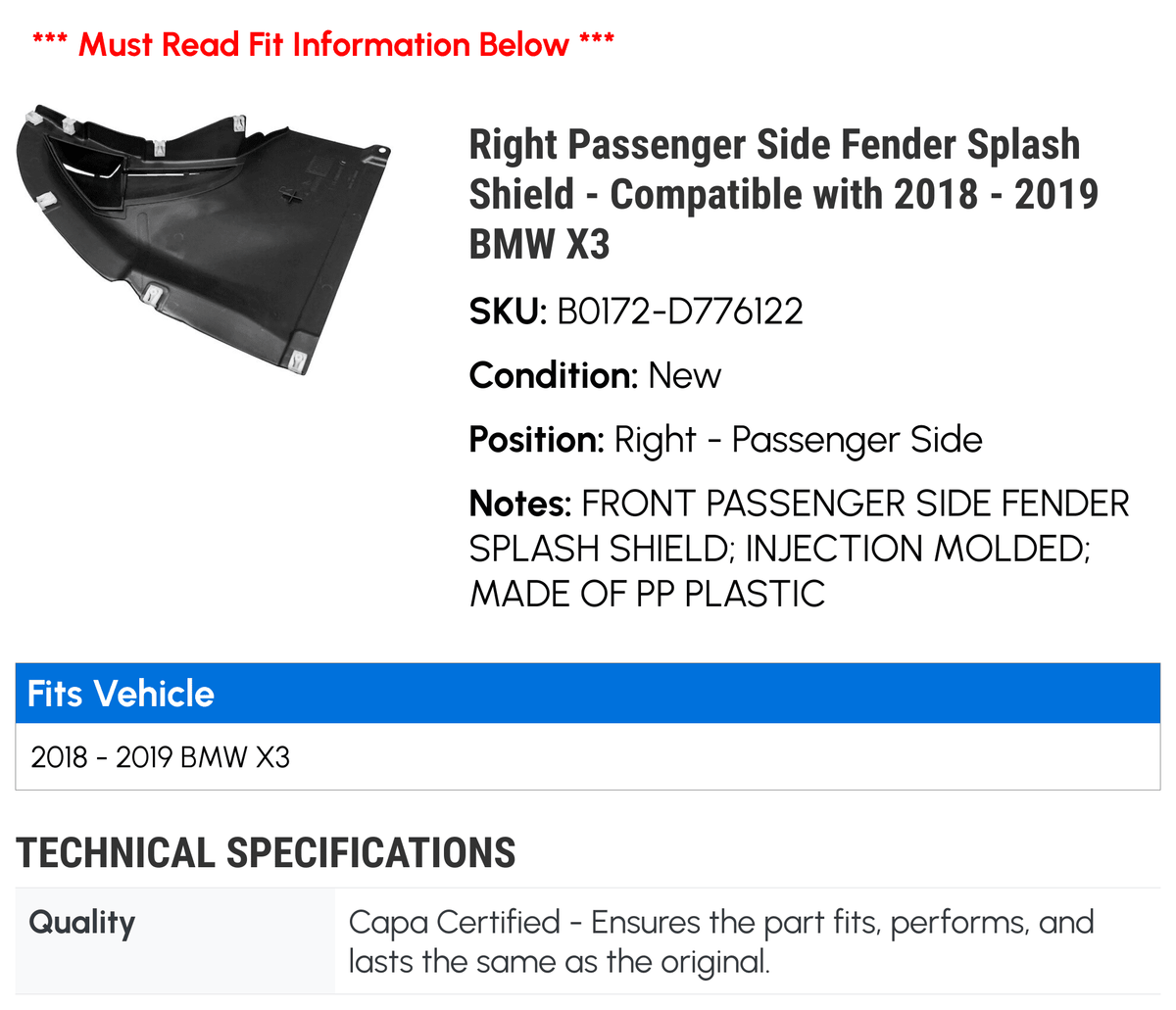 Passenger Side Fender Splash Shield for BMW X3 X815