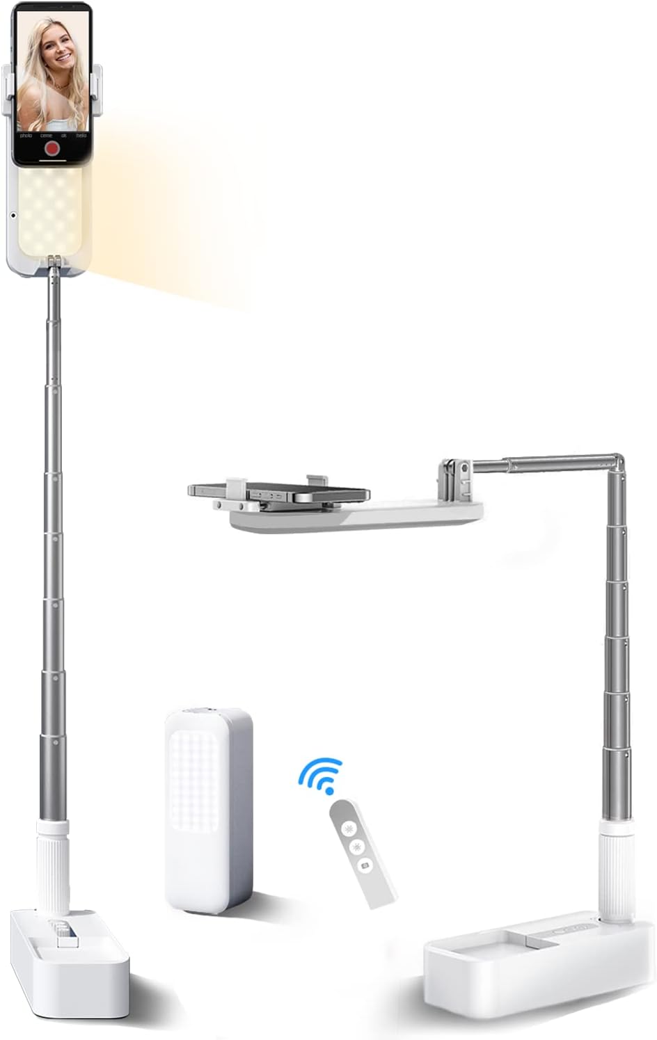 Selfie Stand with 360° Rotates Phone Holder, Foldable, Rechargeable, Wireless, 1000mah Battery, 7 Brightness LED Light, White, Pack of 2 Y357232