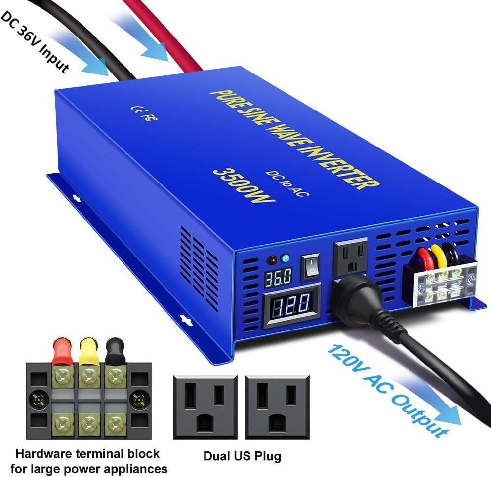 3500W Pure Sine Wave Power Inverter 36V DC to 120V AC with Wireless Remote Control A385