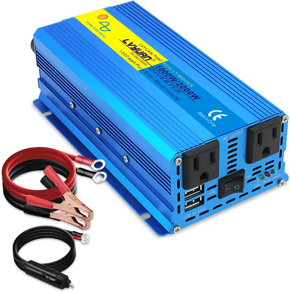 1000W Pure Sine Wave Power Inverter 12V to 110V DC to AC Converter with Dual USB Ports and Dual AC Outlets L1726