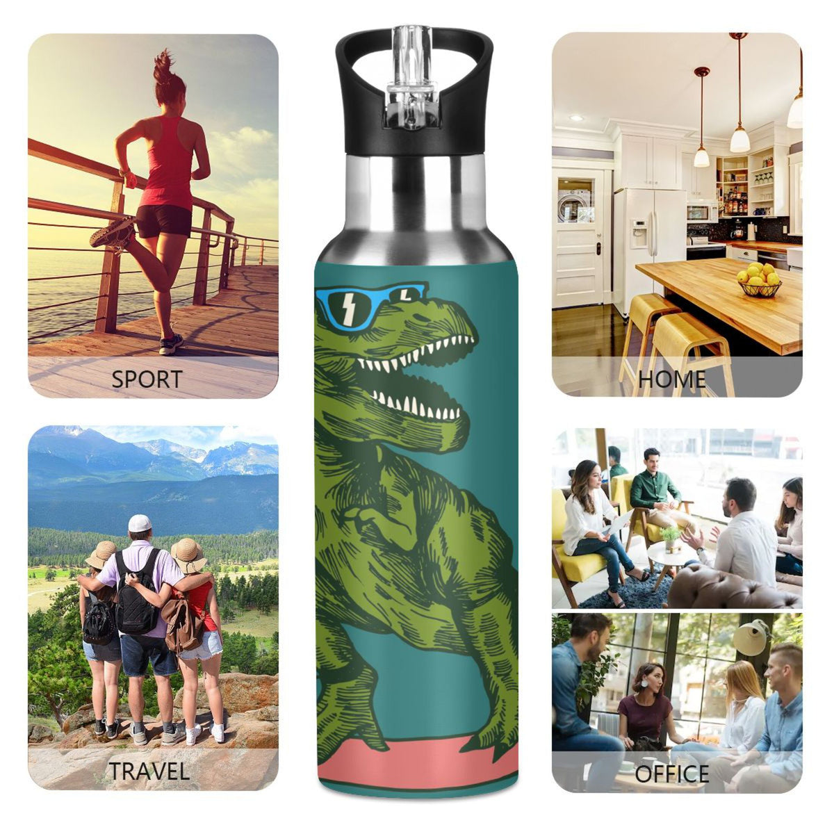 Dinosaur Green Stainless Steel Insulated Water Bottle with Straw Lid D366