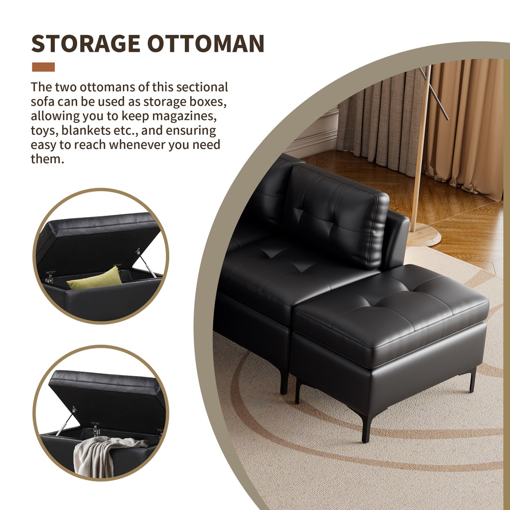 Black PU Leather L-Shaped Corner Sectional Sofa with Movable Storage Ottomans M11904