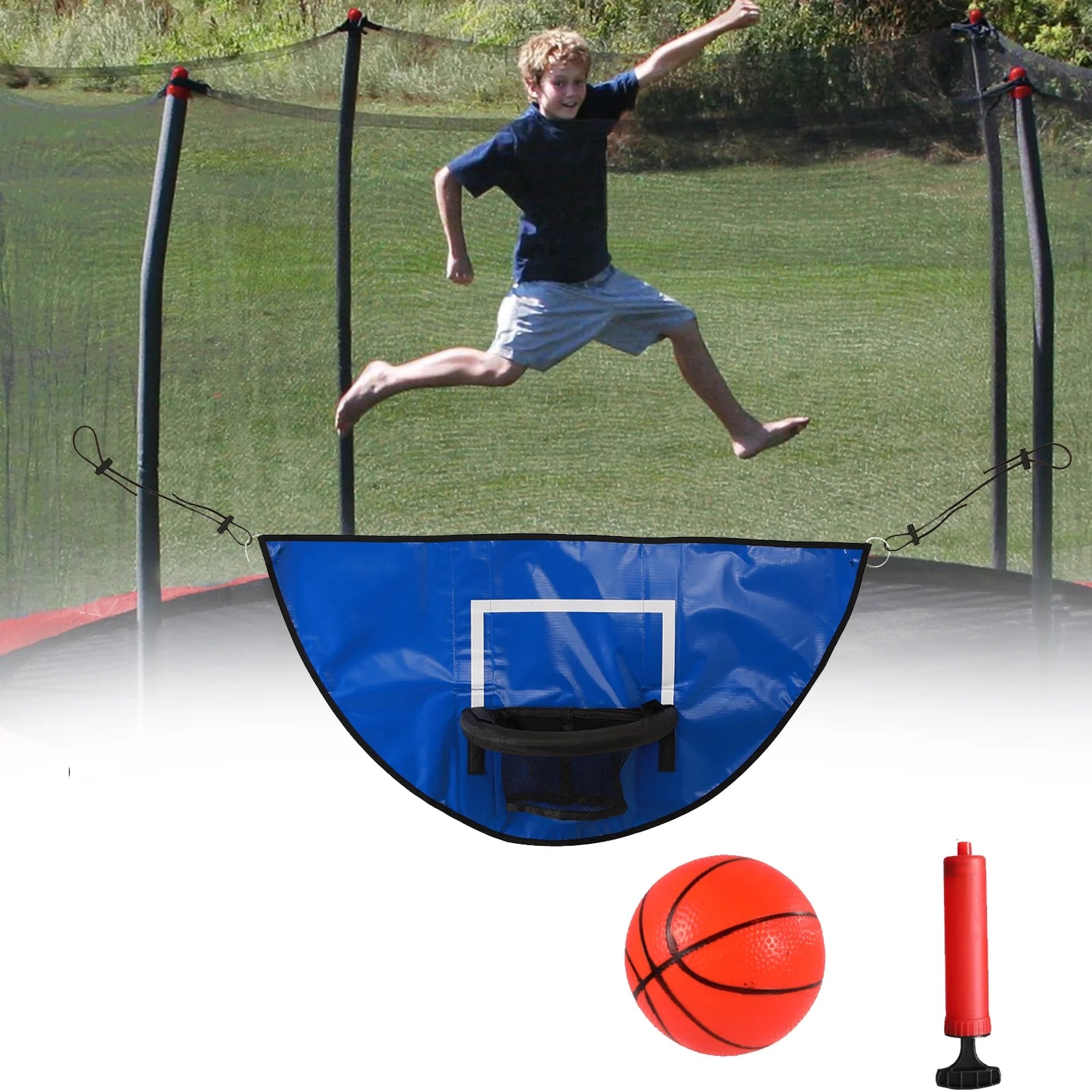 Universal Trampoline Basketball Hoop Set with Pump and Mini Basketballs P64680