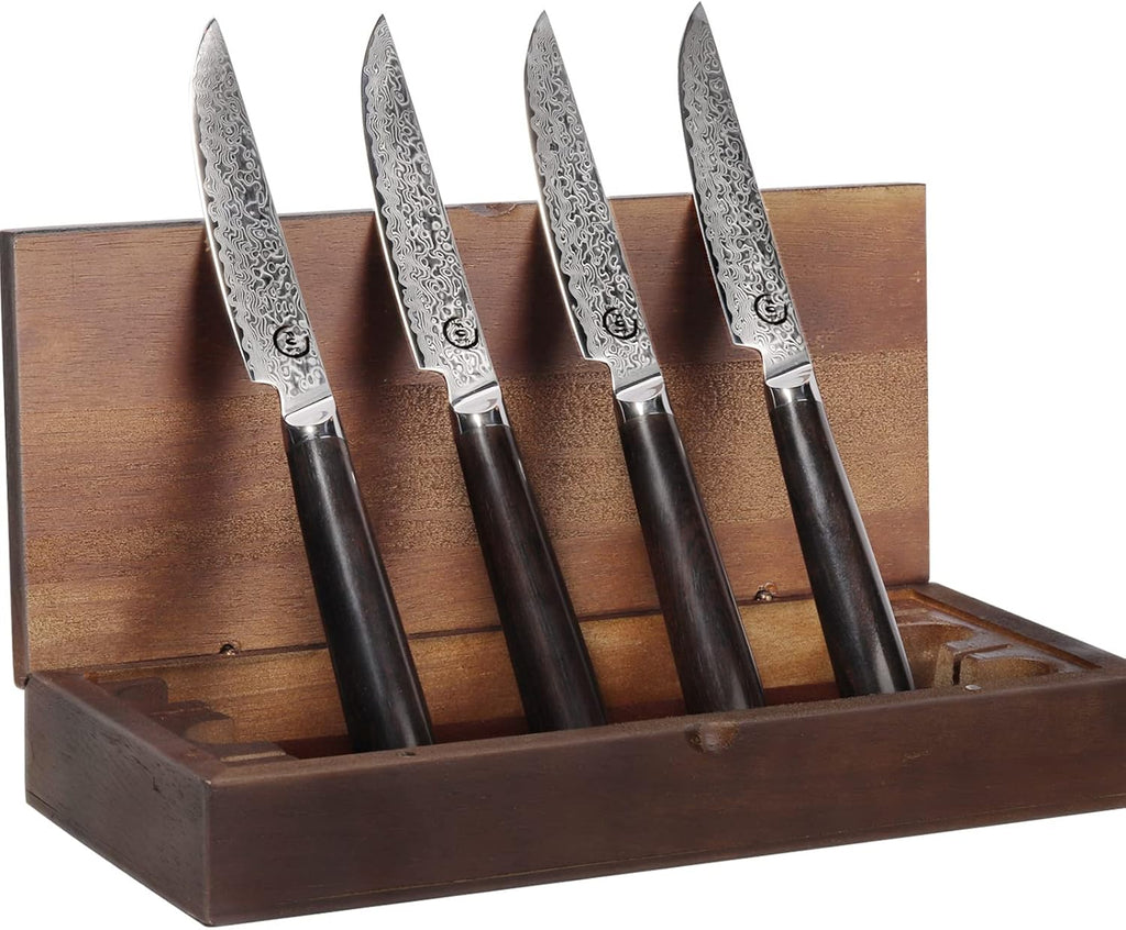 Set of 4 Non-Serrated Damascus Steak Knives with Case R68890