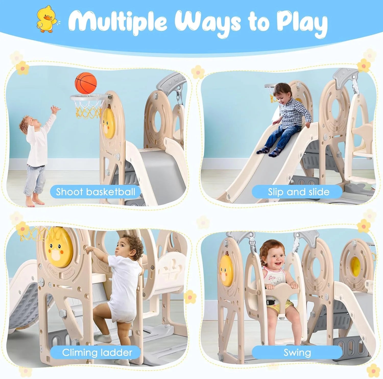 3-in-1 Kids Slide with Climber, Swing, Freestanding Playset X83964