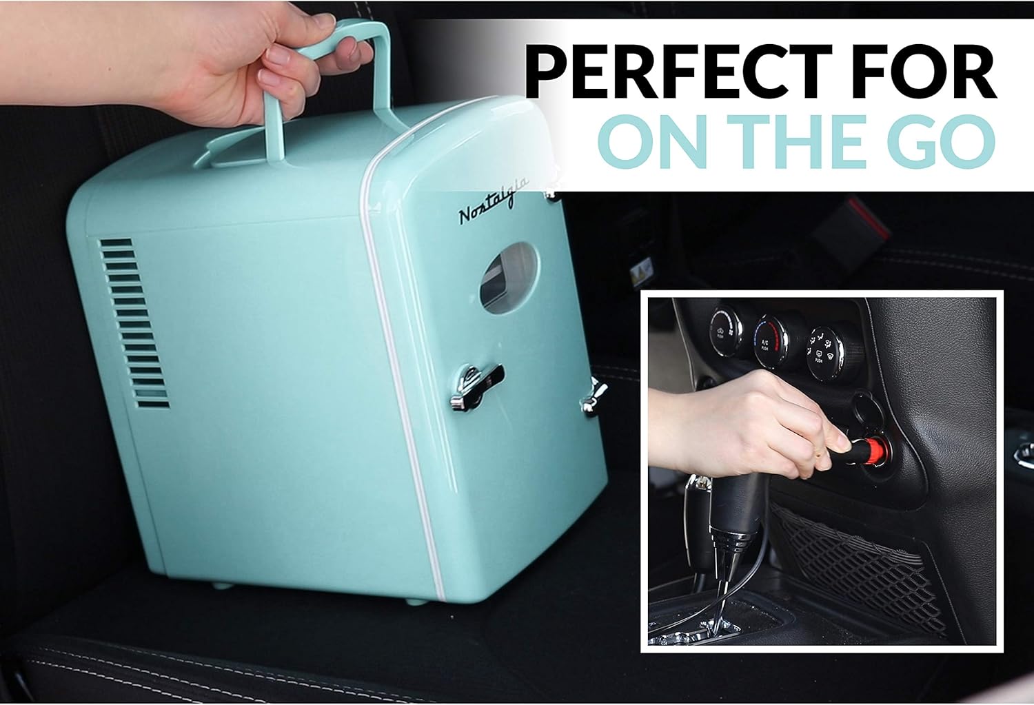 Retro 6-Can Mini Refrigerator with Carry Handle, Aqua T935572