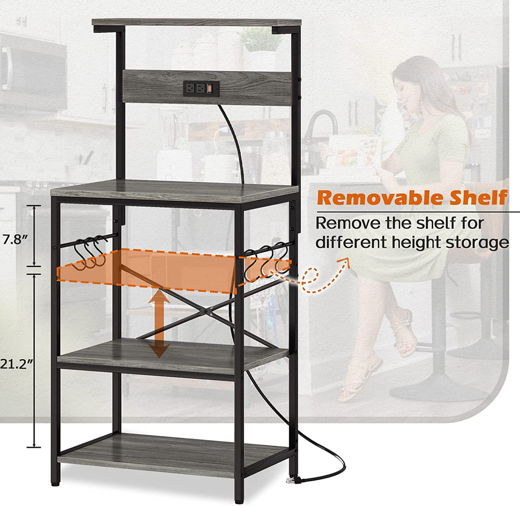 Charcoal Gray 4 Tiers Kitchen Bakers Rack with Power Outlet D323