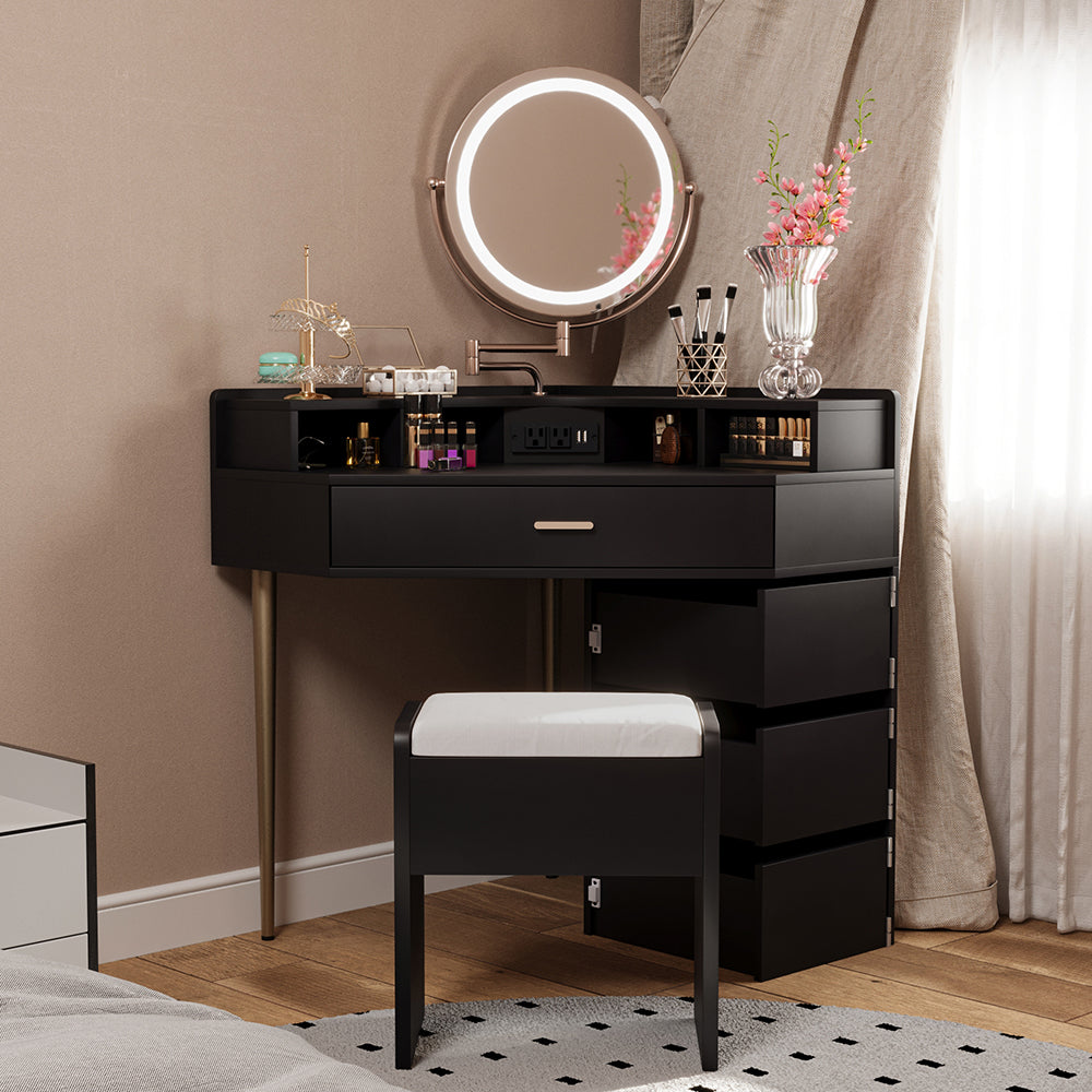 Corner Vanity Desk with Lights, Storage Shelf, 3 Drawers, Cushioned Stool Q751728