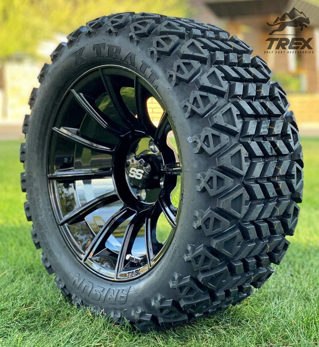 14 TITAN GLOSS BLACK ALUMINIUM WHEELS AND 23X10-14 DOT ALL TERRAIN TIRES COMBO - SET OF 4 M6914
