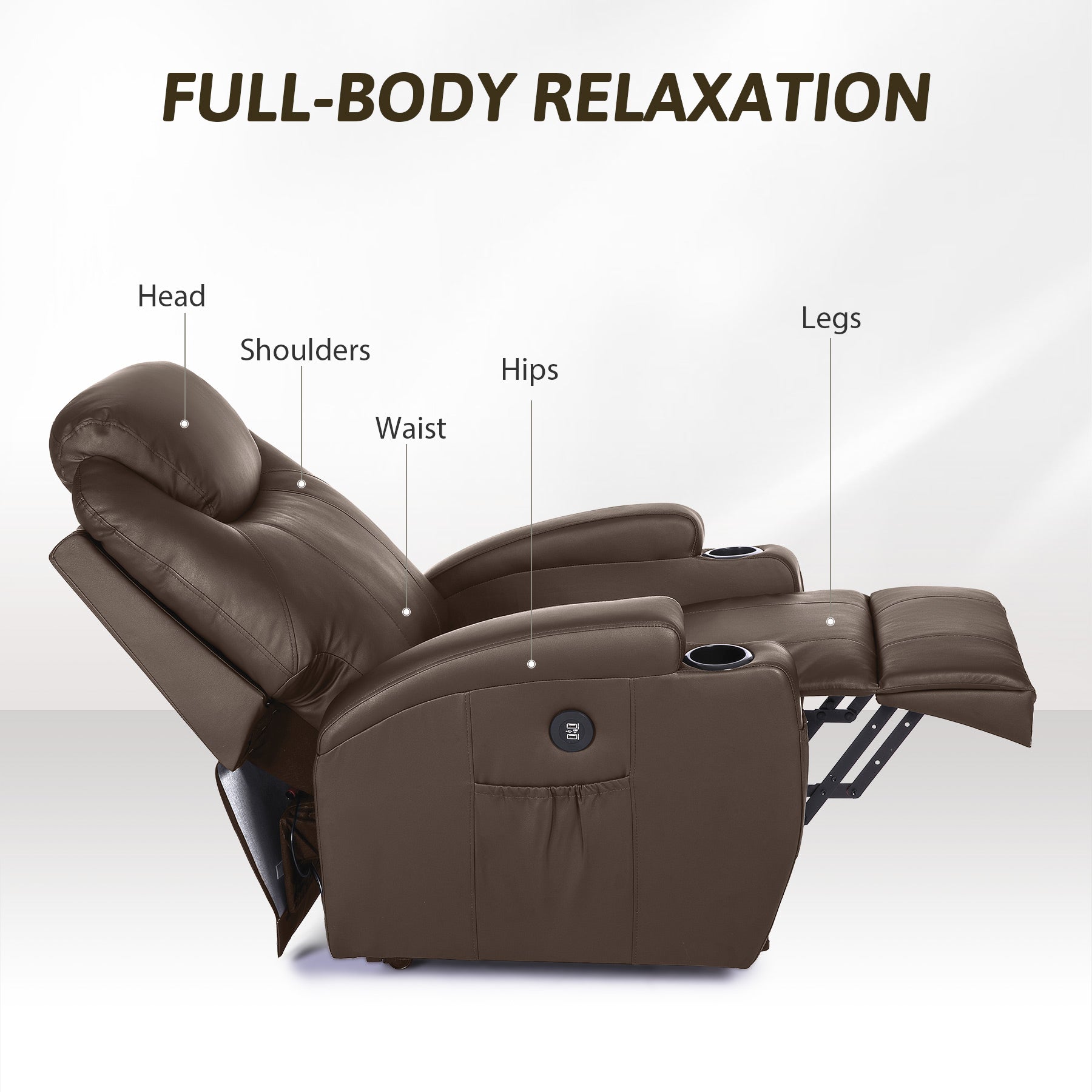 Brown Recliner Chair with Heated Massage Footrest Cup Holders USB Port F51294