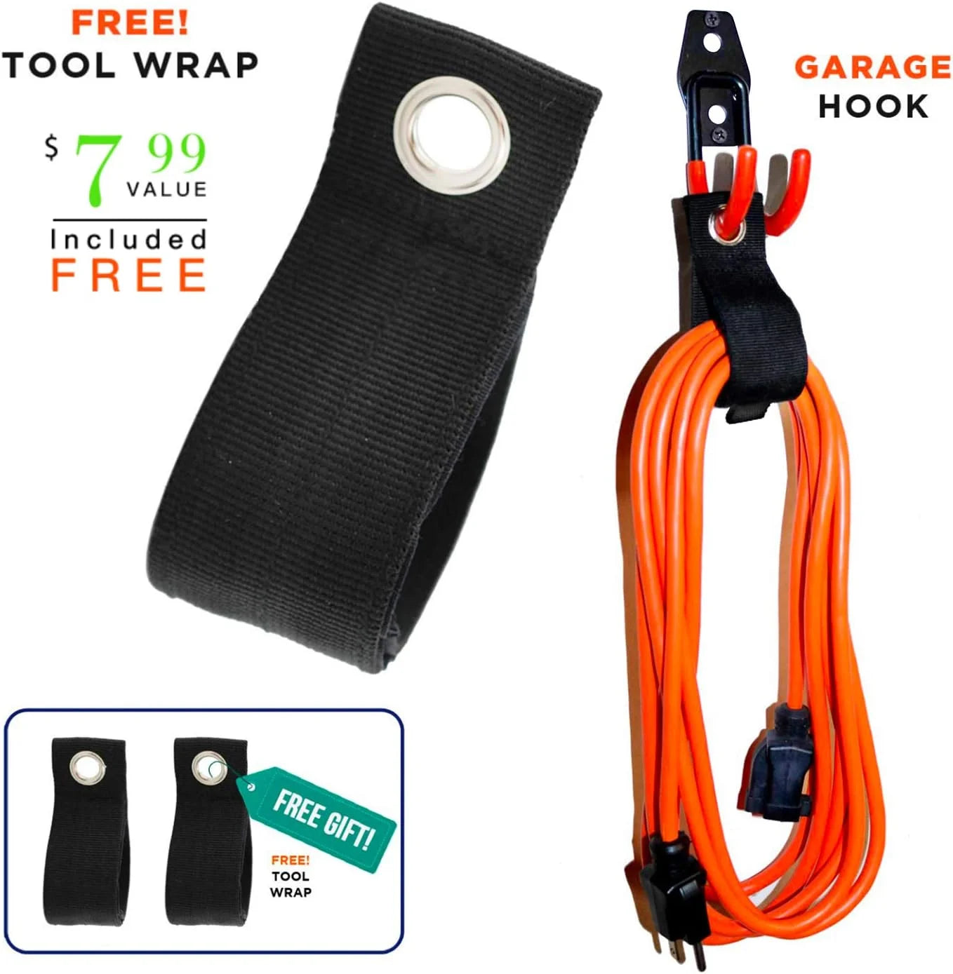 12 Pack Wall Storage Hooks with 2 Extension Cord Straps, Heavy Duty Tool Hangers I75976