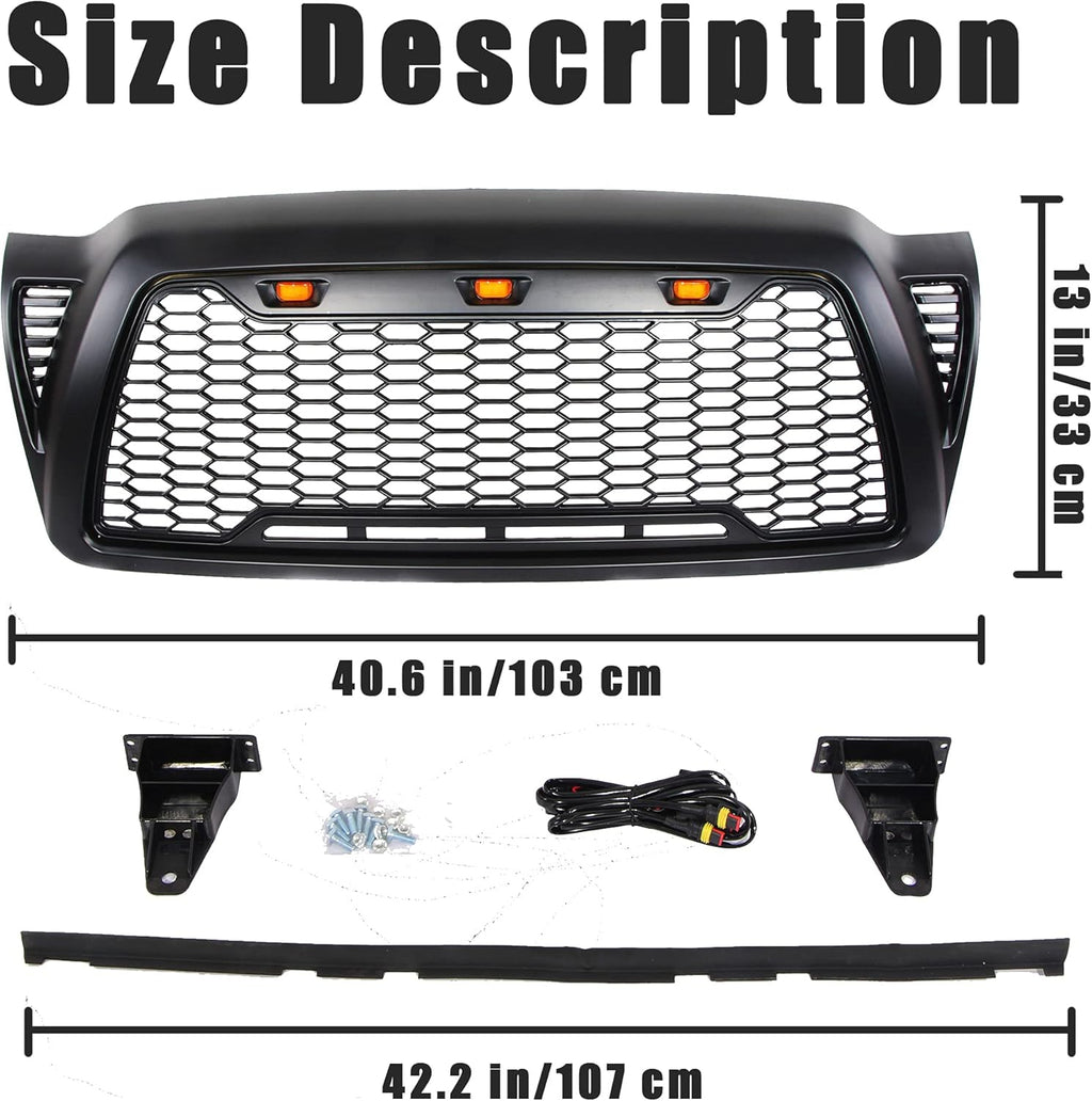 Matte Black ABS Plastic Tacoma Grill with 3 Amber Lights B412