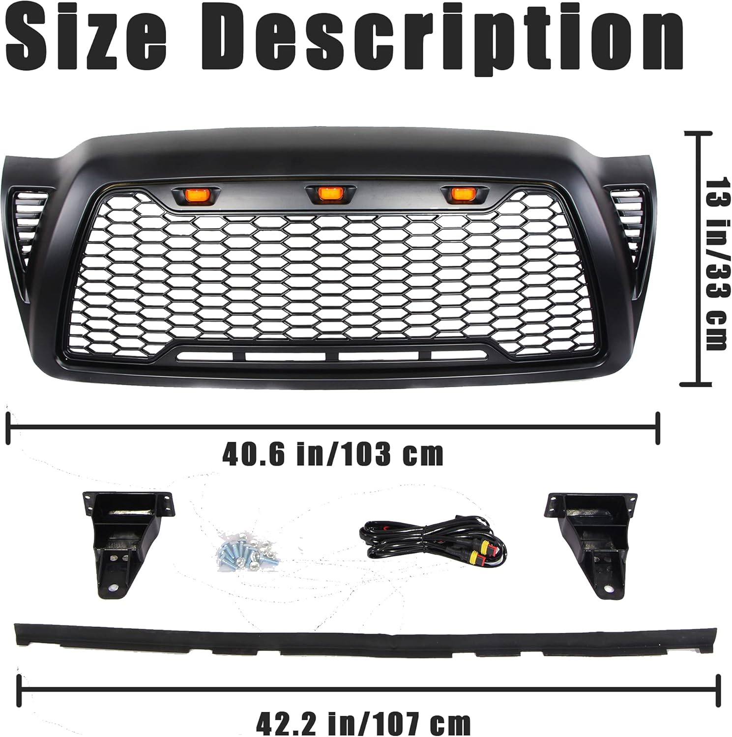Matte Black ABS Plastic Tacoma Grill with 3 Amber Lights B412