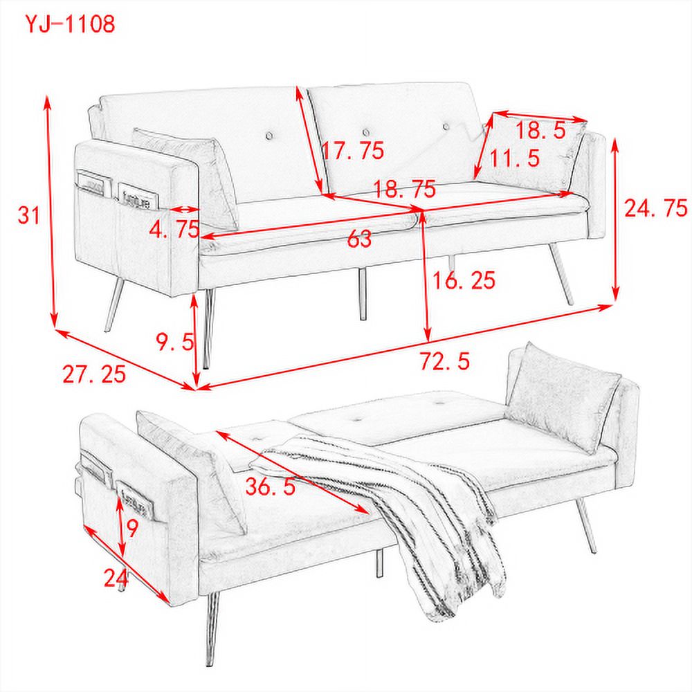 Convertible Velvet Sofa Bed with Two Pillows and Center Leg X9548