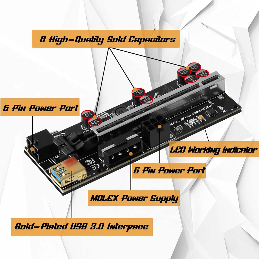 6 Pack PCI-E GPU Riser with 8 Solid Capacitors and LED Light, 1X to 16X, 60cm USB 3.0 Cable Z328