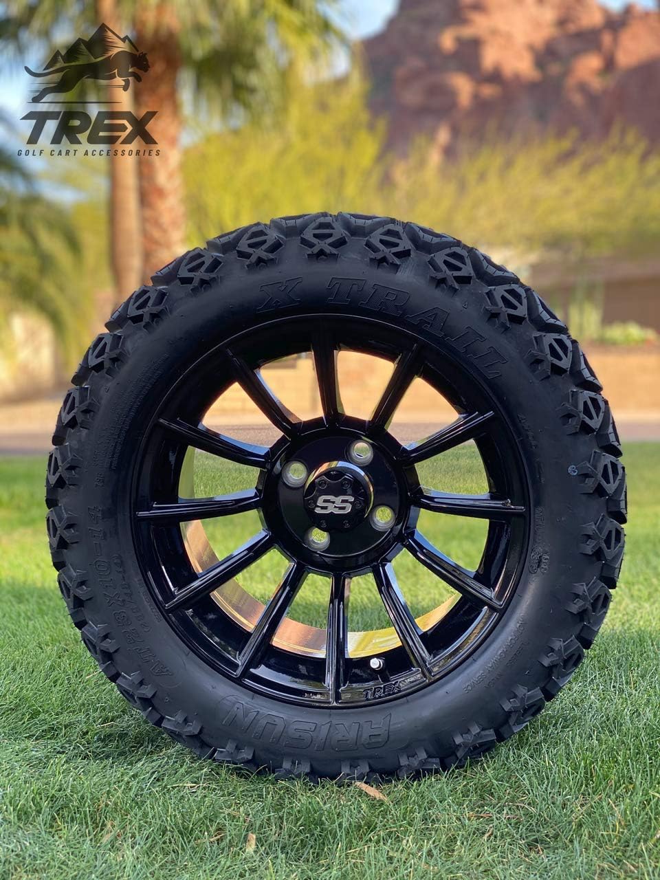 14 TITAN GLOSS BLACK ALUMINIUM WHEELS AND 23X10-14 DOT ALL TERRAIN TIRES COMBO - SET OF 4 M6914