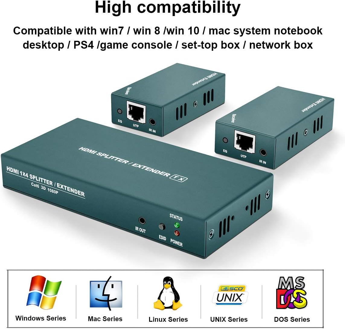 HDMI Extender Splitter 1x2 with IR, 1080P@60Hz, 165ft (50m) over CAT5e/CAT6/CAT7, 2 HDMI Loop Out I136055