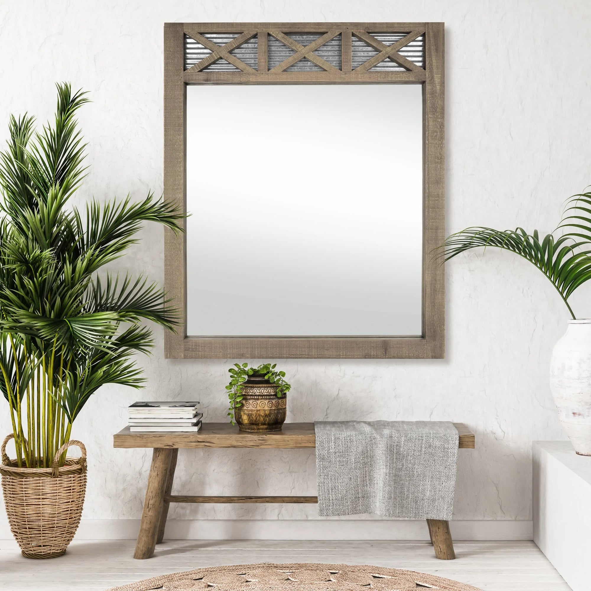 Rustic Farmhouse Mirror with Galvanized Metal – 28" x 34" Q44860