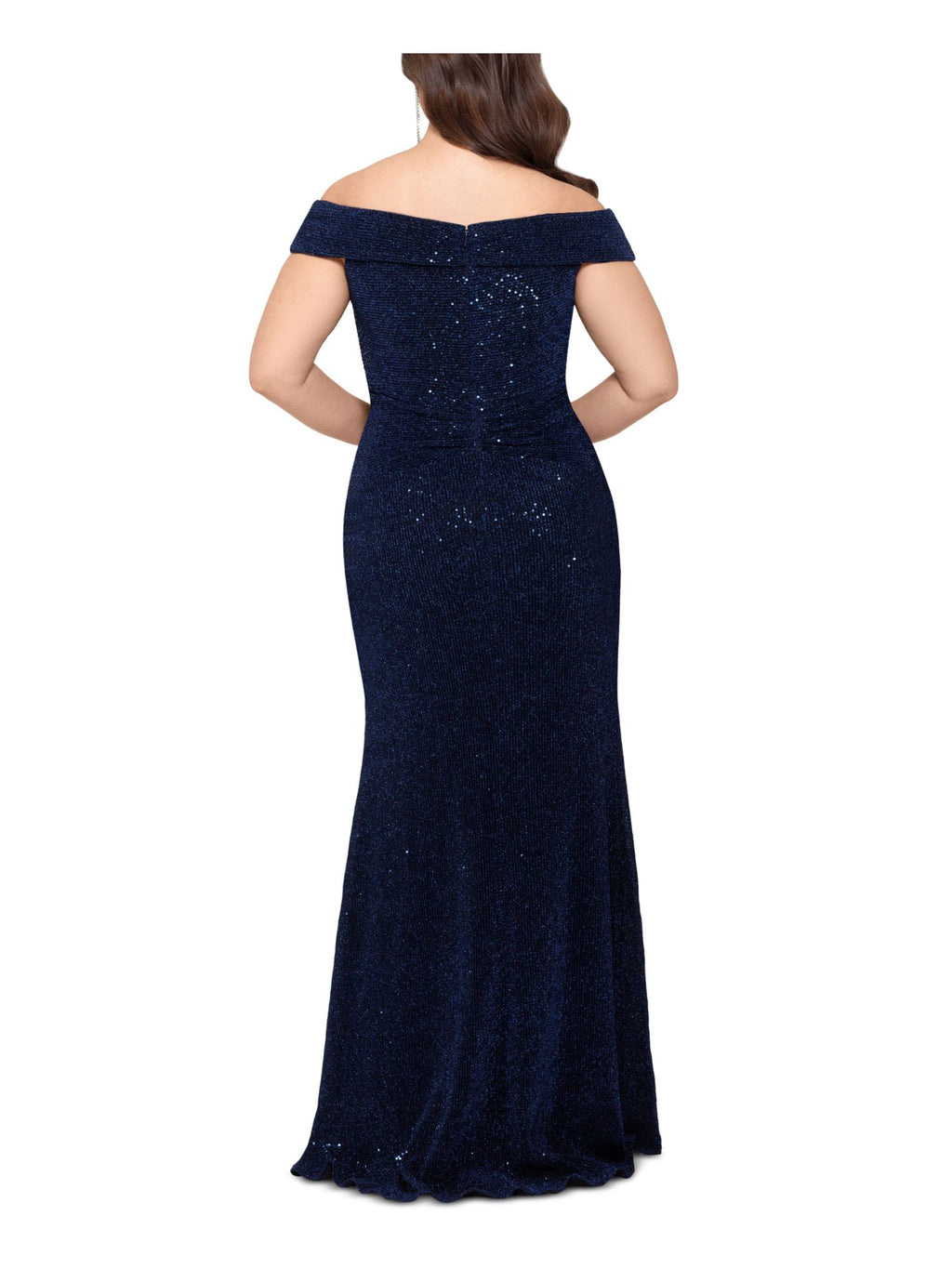 Navy Ruched Zippered Short Sleeve Off Shoulder Full-Length Formal Gown Dress Plus 18W E7683