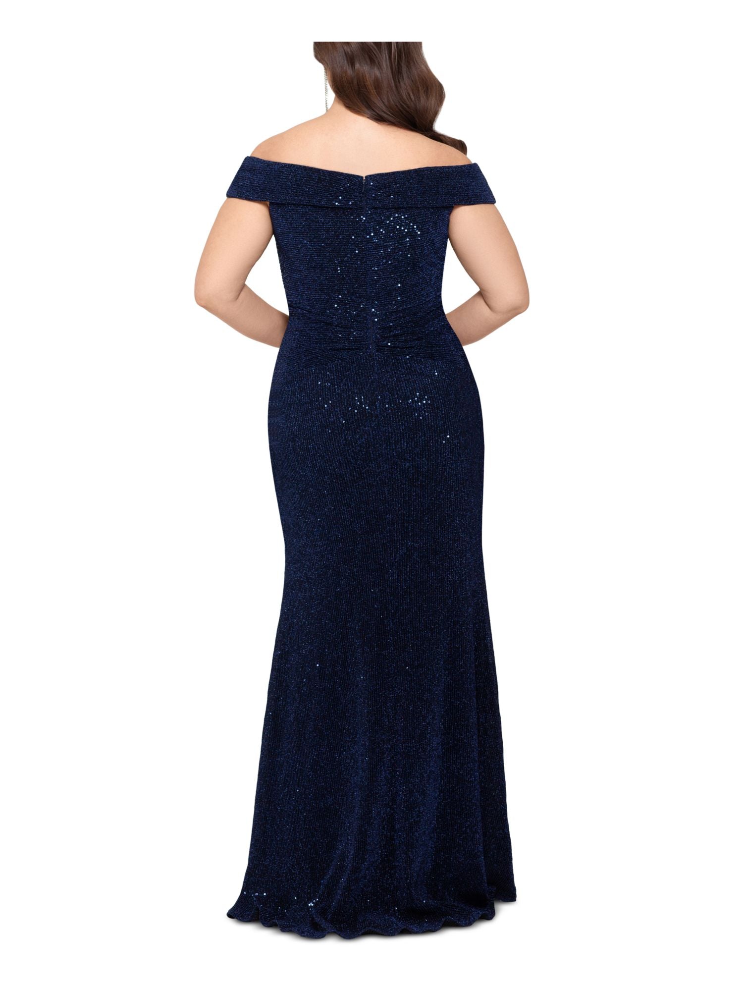 Navy Ruched Zippered Short Sleeve Off Shoulder Full-Length Formal Gown Dress Plus 18W E7683