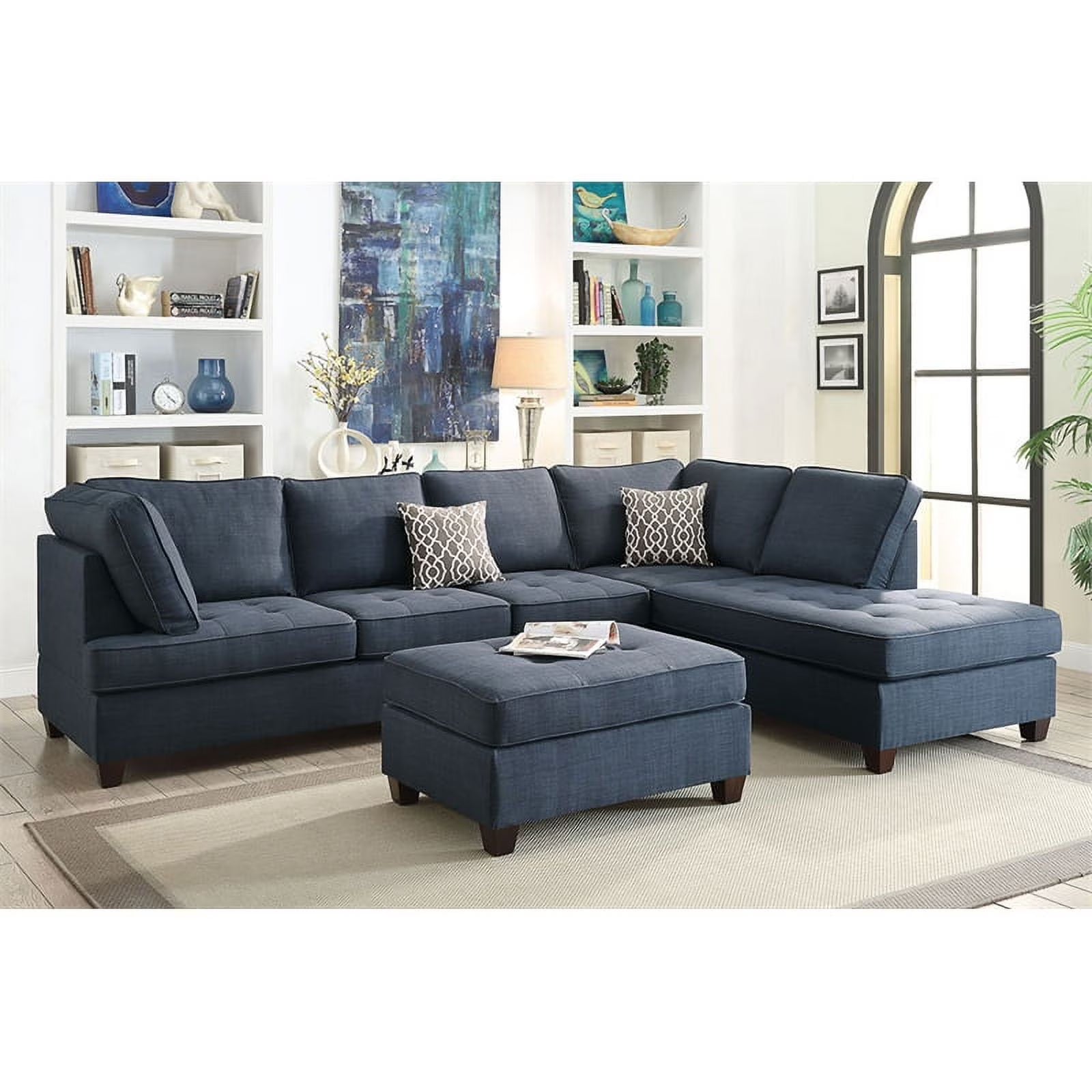 Dark Blue Sectional Sofa with Reversible Chaise and Ottoman M84444