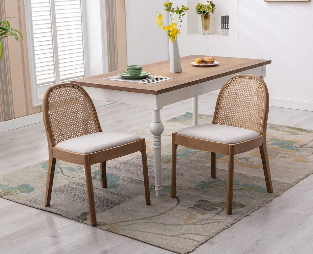 Beige Linen Upholstered Dining Chair Set of 2 with Rattan Back X24842