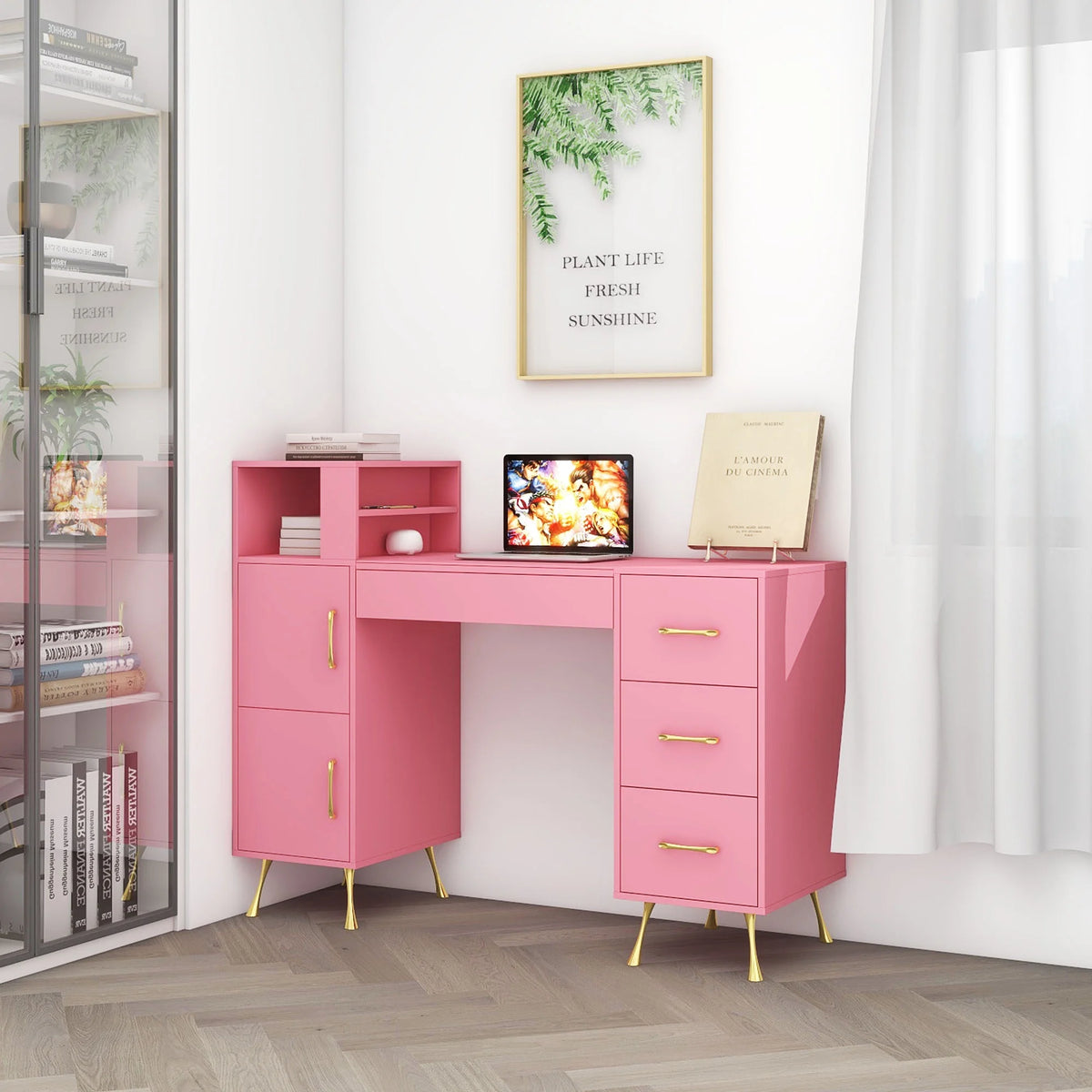 Pink 55inches Vanity Desk with 4 Drawers V113