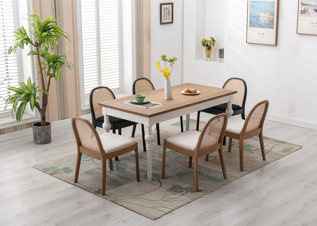 Beige Linen Upholstered Dining Chair Set of 2 with Rattan Back X24842