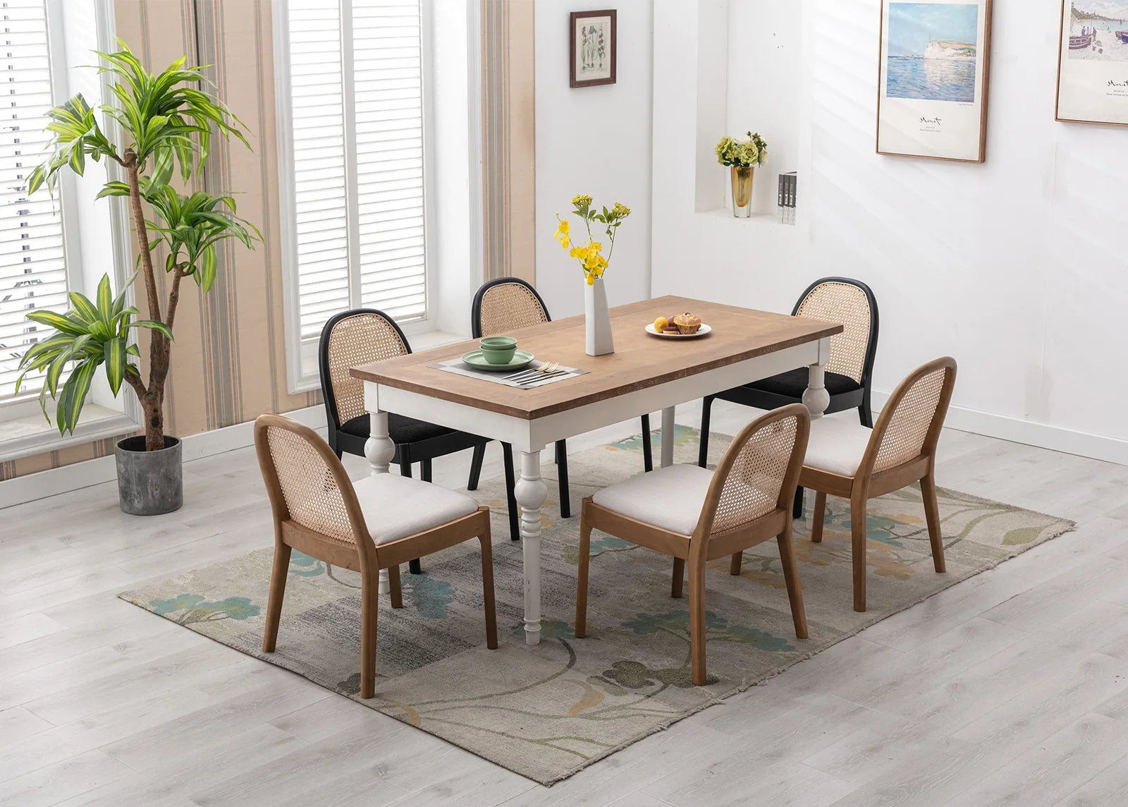 Beige Linen Upholstered Dining Chair Set of 2 with Rattan Back X24842