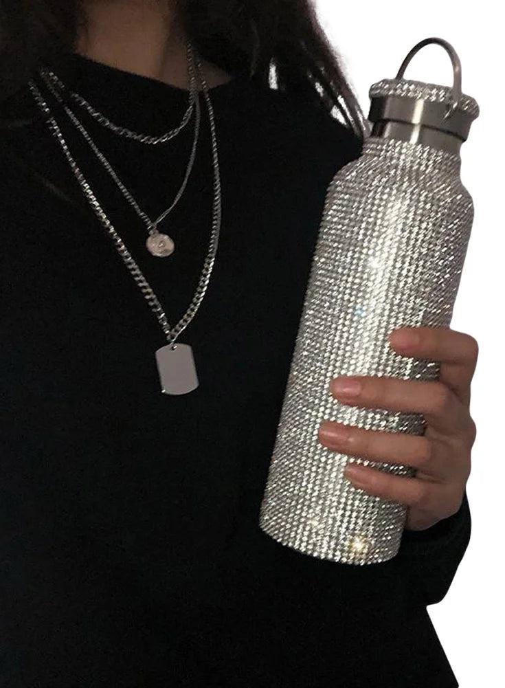 Bling Rhinestone Stainless Steel Insulated Water Bottle With Carry on Chain 500ML P52721