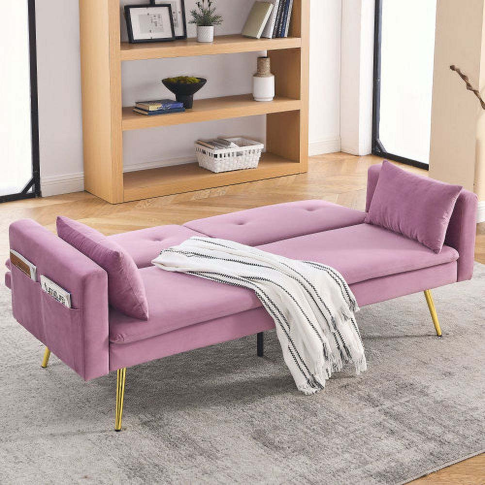 Convertible Velvet Sofa Bed with Two Pillows and Center Leg X9548