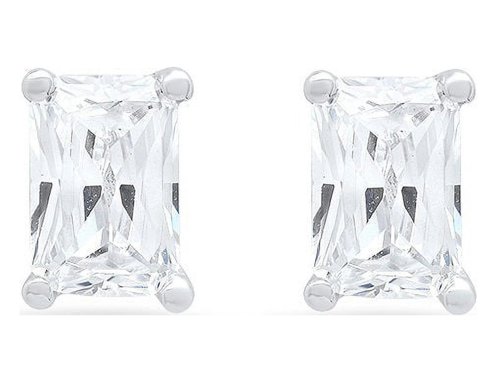 18K White Gold Emerald Cut Solitaire Stud Earrings D80115
