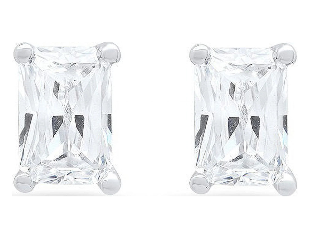 18K White Gold Emerald Cut Solitaire Stud Earrings D80115