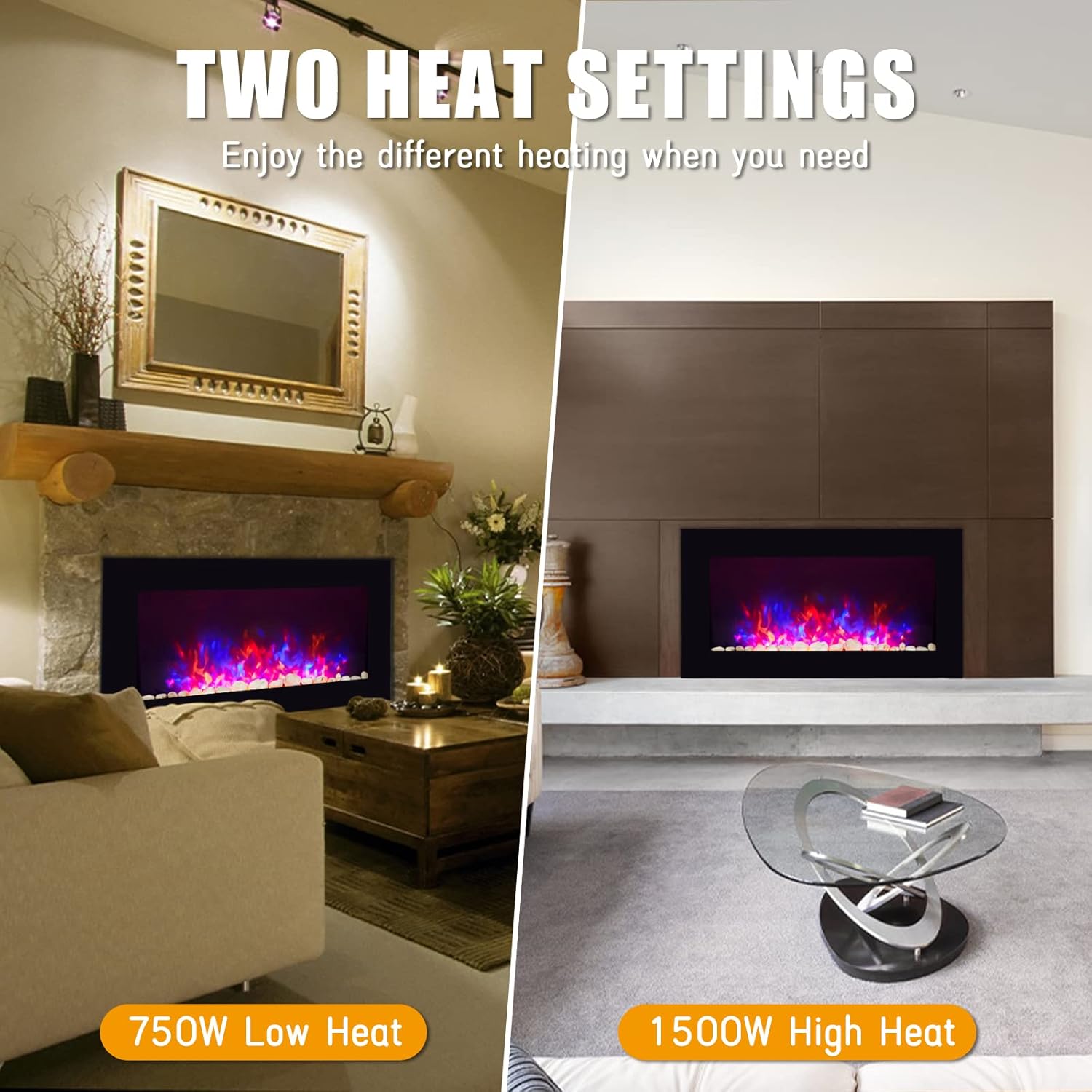 Black 36 Inch Wall-Mounted Electric Fireplace with Remote Control V9821