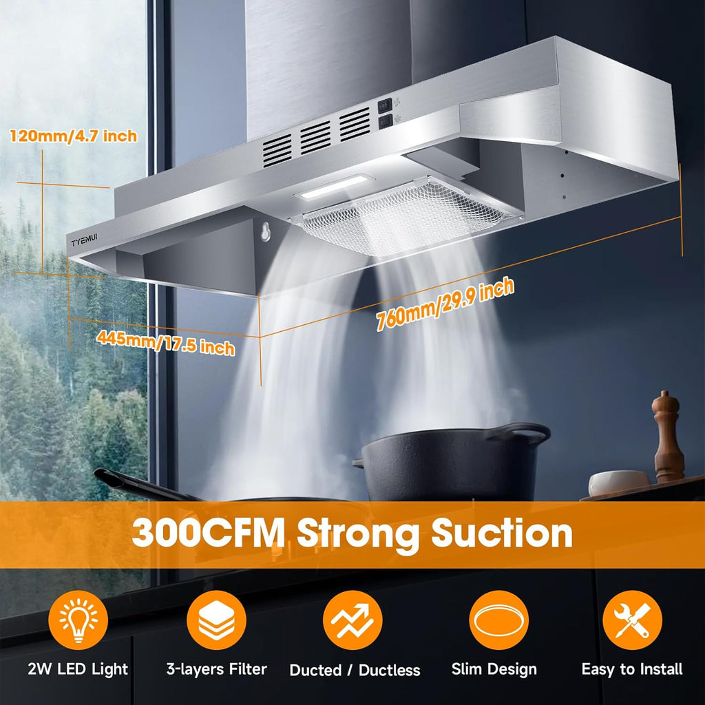 Stainless Steel Under Cabinet Ductless Range Hood, 300 CFM C5160
